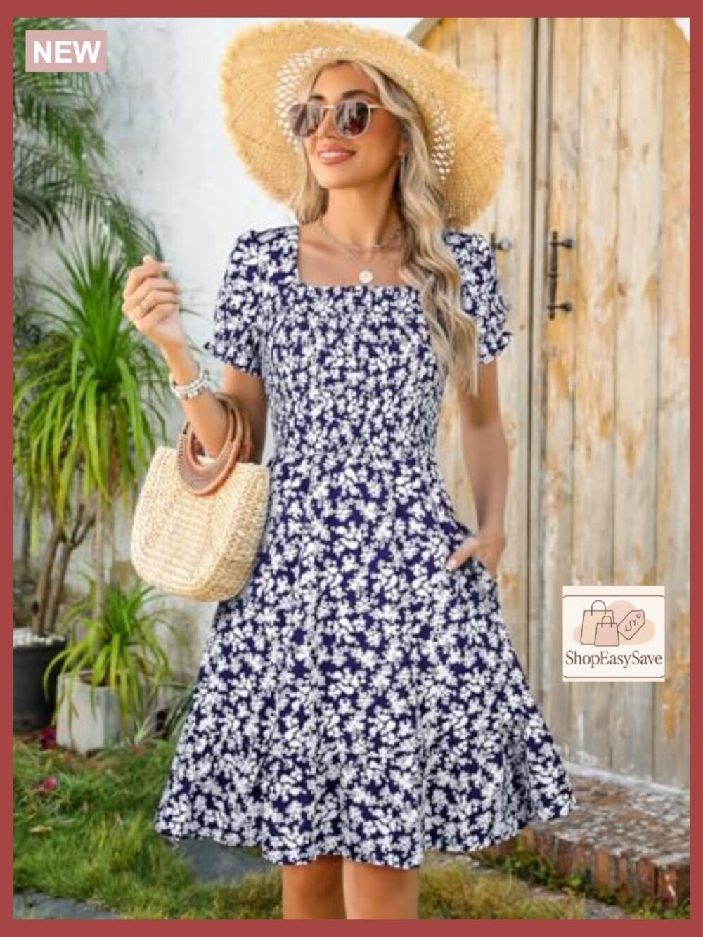 Short Sleeve Square Neck A-Line Tiered Sundress with Pockets Casual Spring - Picture 3 of 7